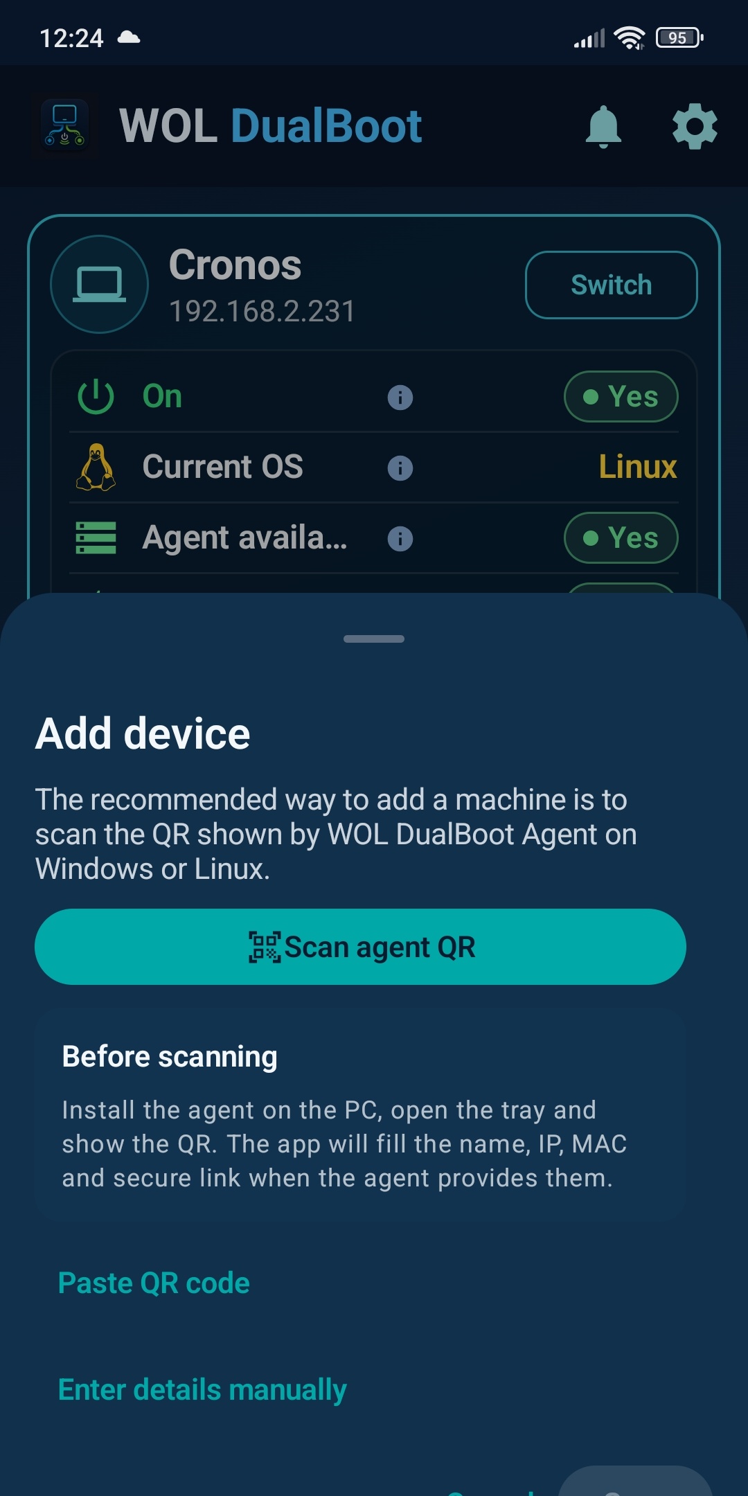 WOL DualBoot mostrando el alta de un dispositivo mediante QR.