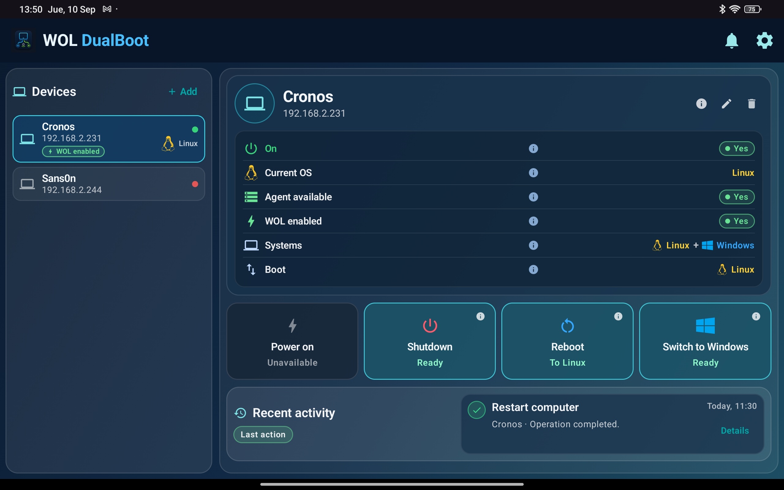 Tablet screenshot of WOL DualBoot showing device status, agent availability, WOL and quick actions.