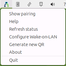WOL DualBoot Agent system tray menu with pairing, Wake-on-LAN, QR and quit actions.