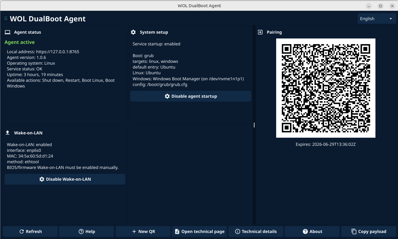 WOL DualBoot Agent showing agent status, Wake-on-LAN and pairing QR.